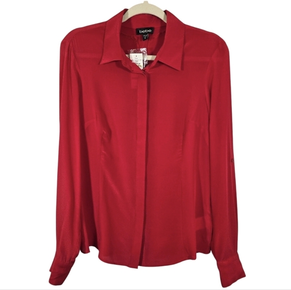bebe Tops - F Bebe Red Mulberry Silk Button Down Top Blouse NWT Size M Long Sleeve Luxury